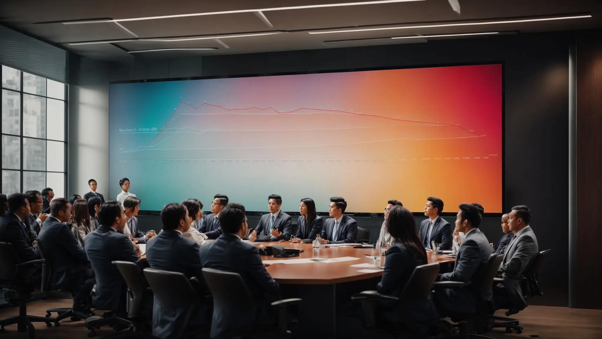 a conference room with a large screen displaying a colorful graph showing upward growth, surrounded by professionals attentively discussing strategies.