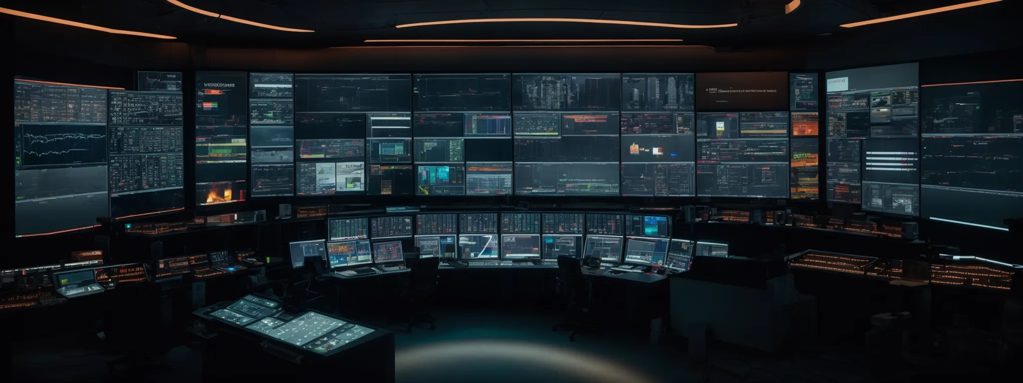a high-tech control room with customizable digital interfaces glowing across an array of screens.