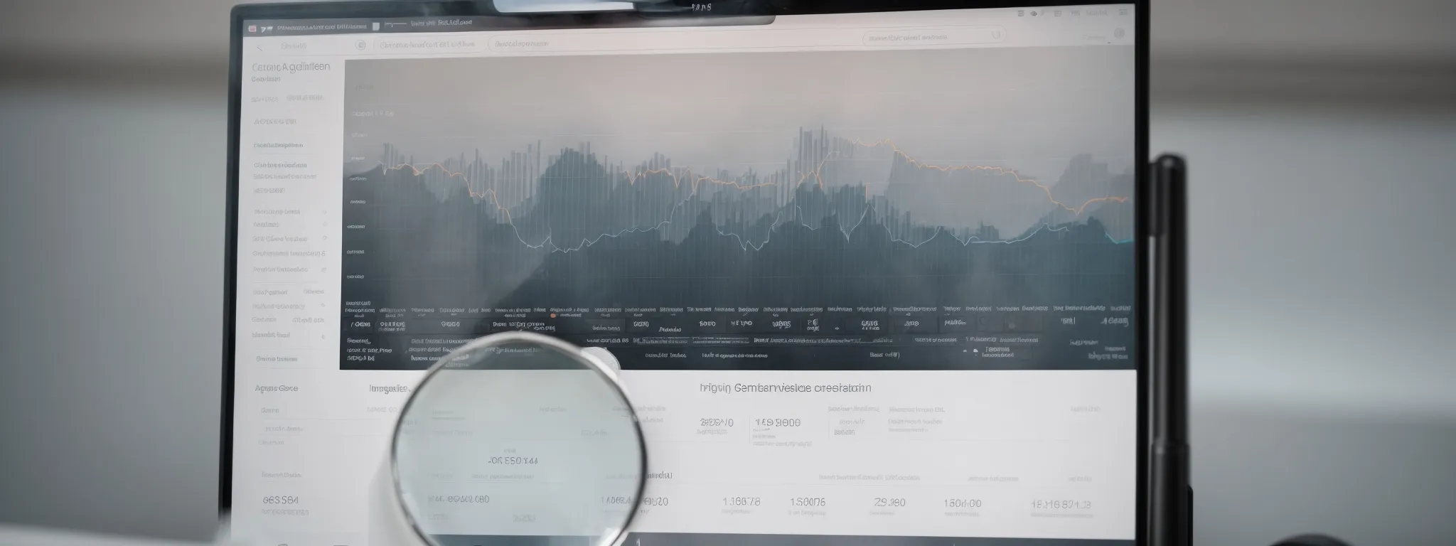 a screen displays a rising analytics graph juxtaposed with a magnifying glass hovering over a search engine results page.
