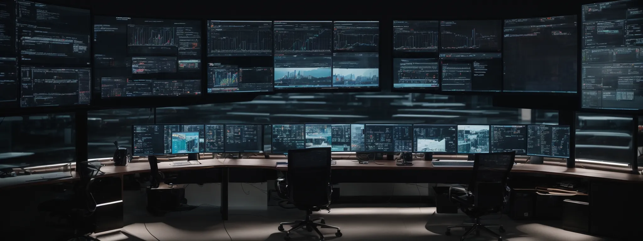 a sleek command center with multiple screens displaying code and analytics, highlighting a focus on website performance and optimization.