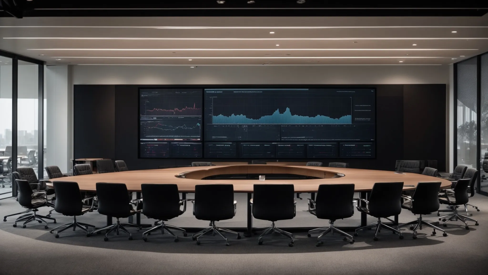 a conference room with a large screen presenting an analytics dashboard to a group of professionals.