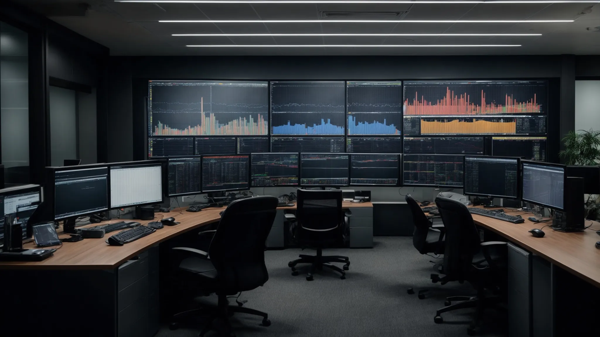 a panoramic office setting with multiple large computer monitors displaying complex website data analysis charts.
