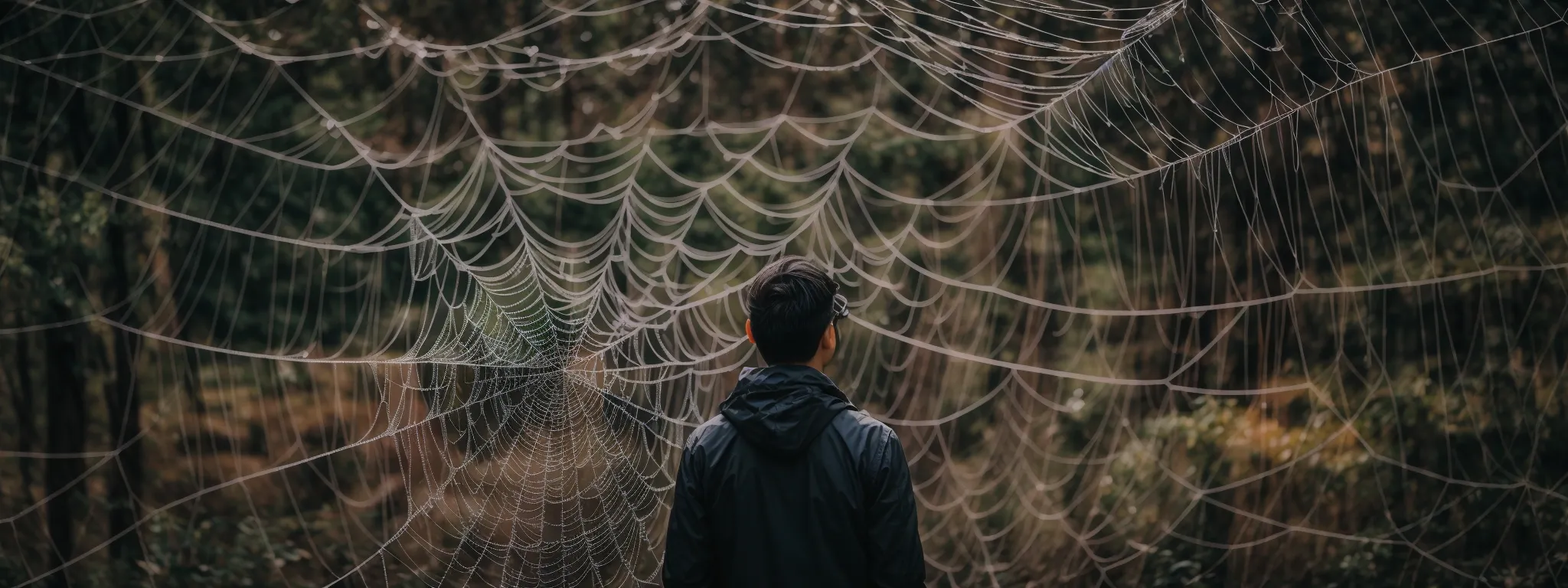 a person peers intently at an intricate web structure, symbolizing the complexity and continuous nature of on-page seo optimization.