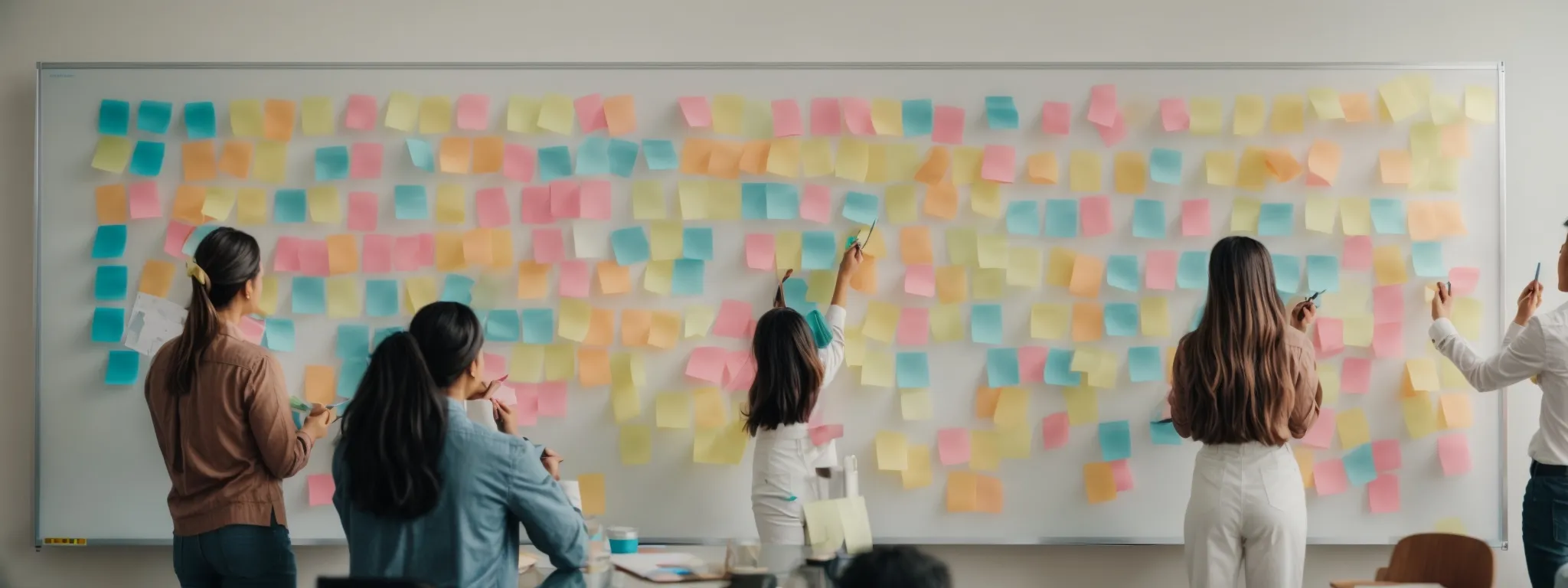 a diverse group of professionals collaboratively points at colorful sticky notes on a large whiteboard, symbolizing an agile board in action.