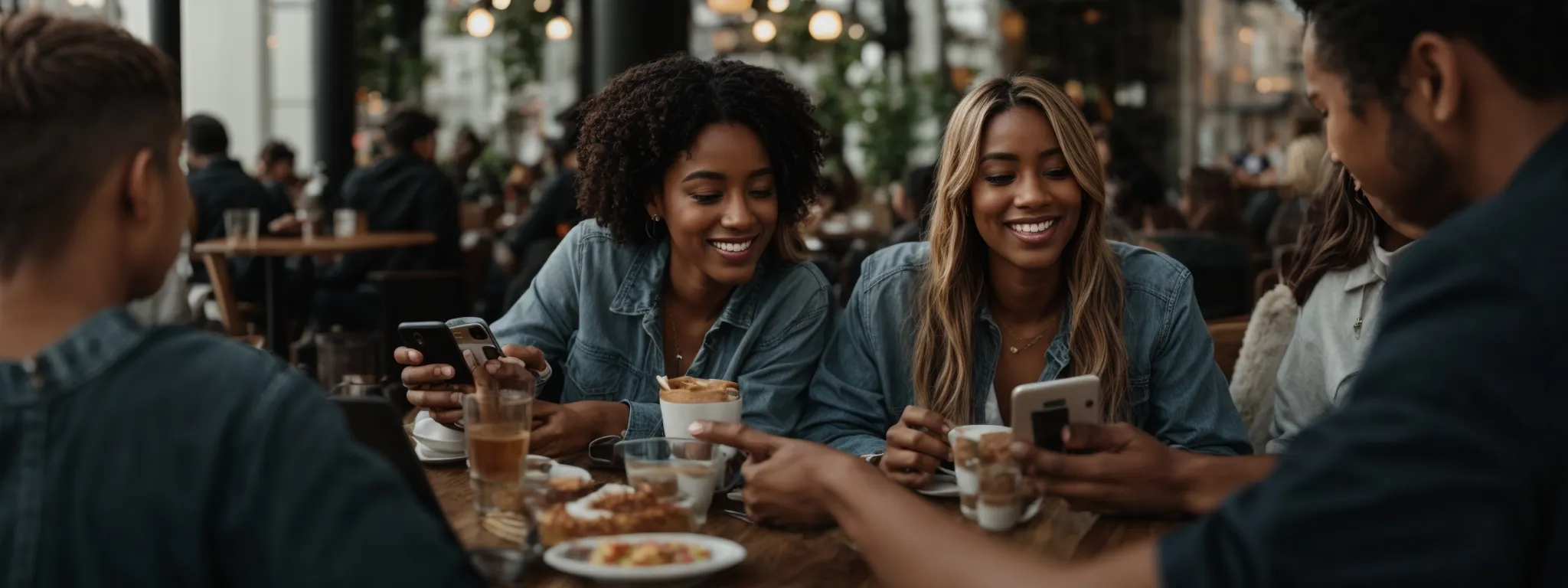 a group of satisfied customers is seen sharing their positive shopping experiences on their smartphones while sitting together in a trendy cafe.