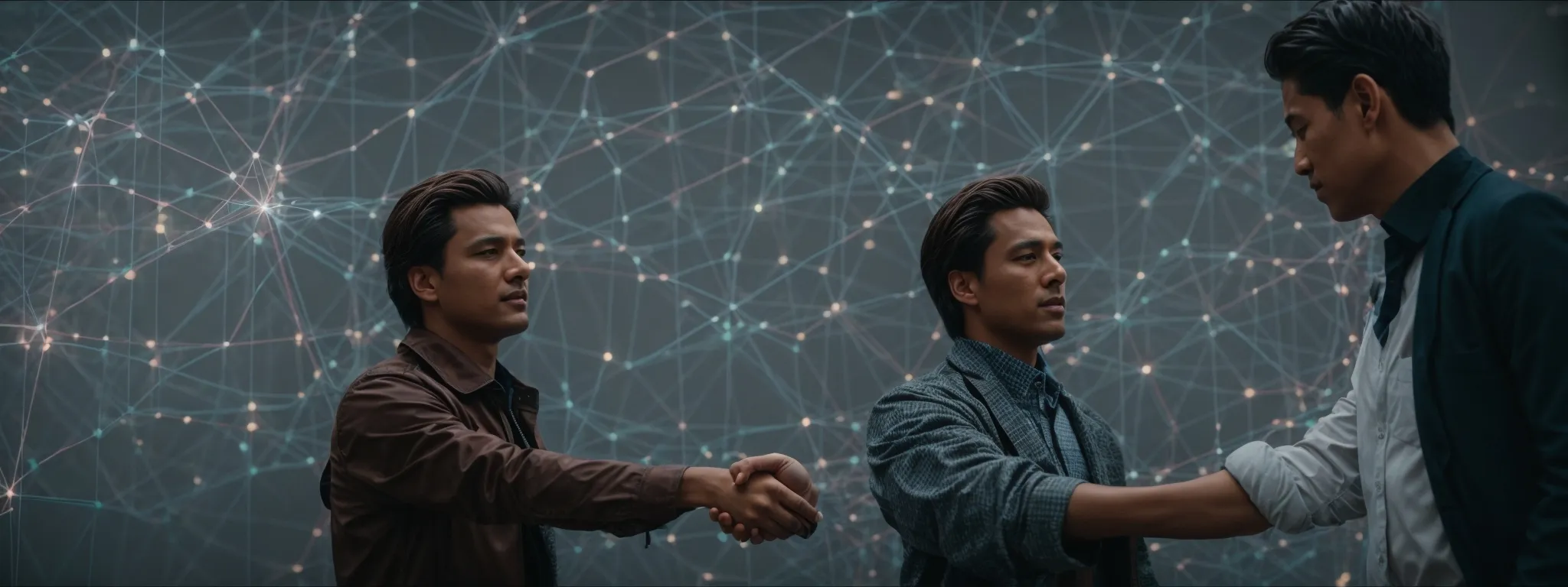 two professionals shaking hands in front of a network diagram on a digital screen.