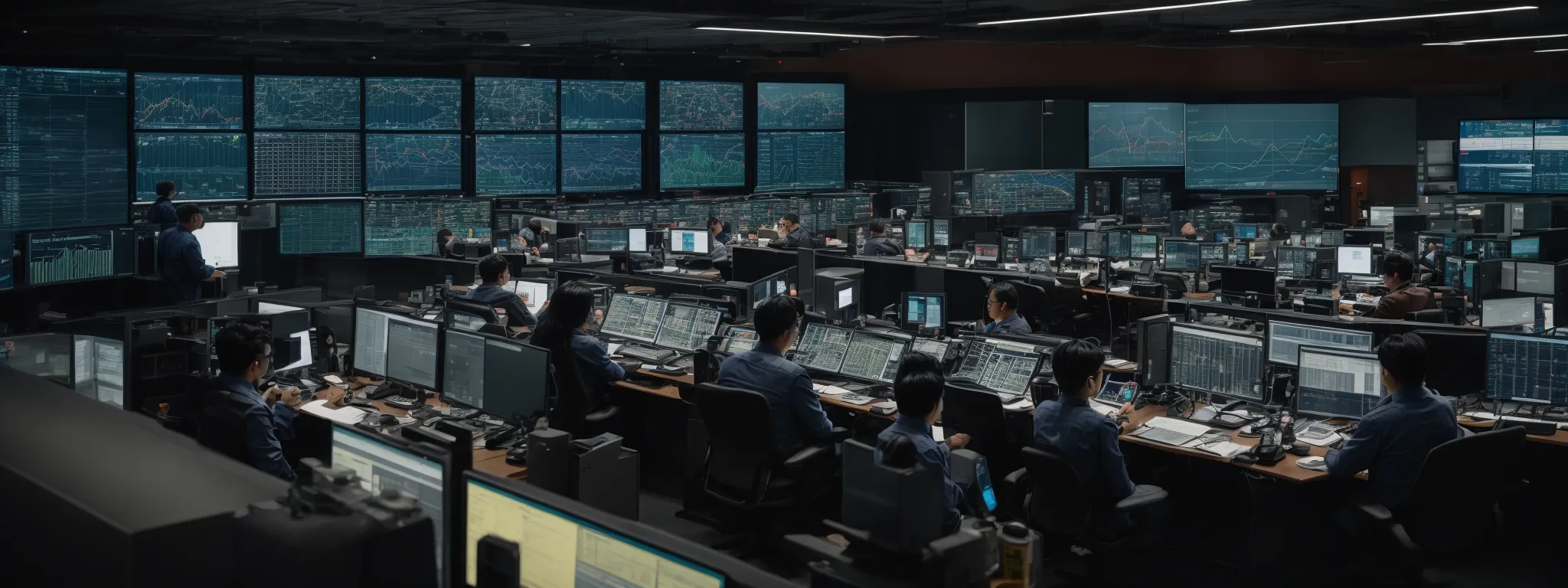 a busy control room with large screens displaying data analytics as operators monitor service delivery in real-time.