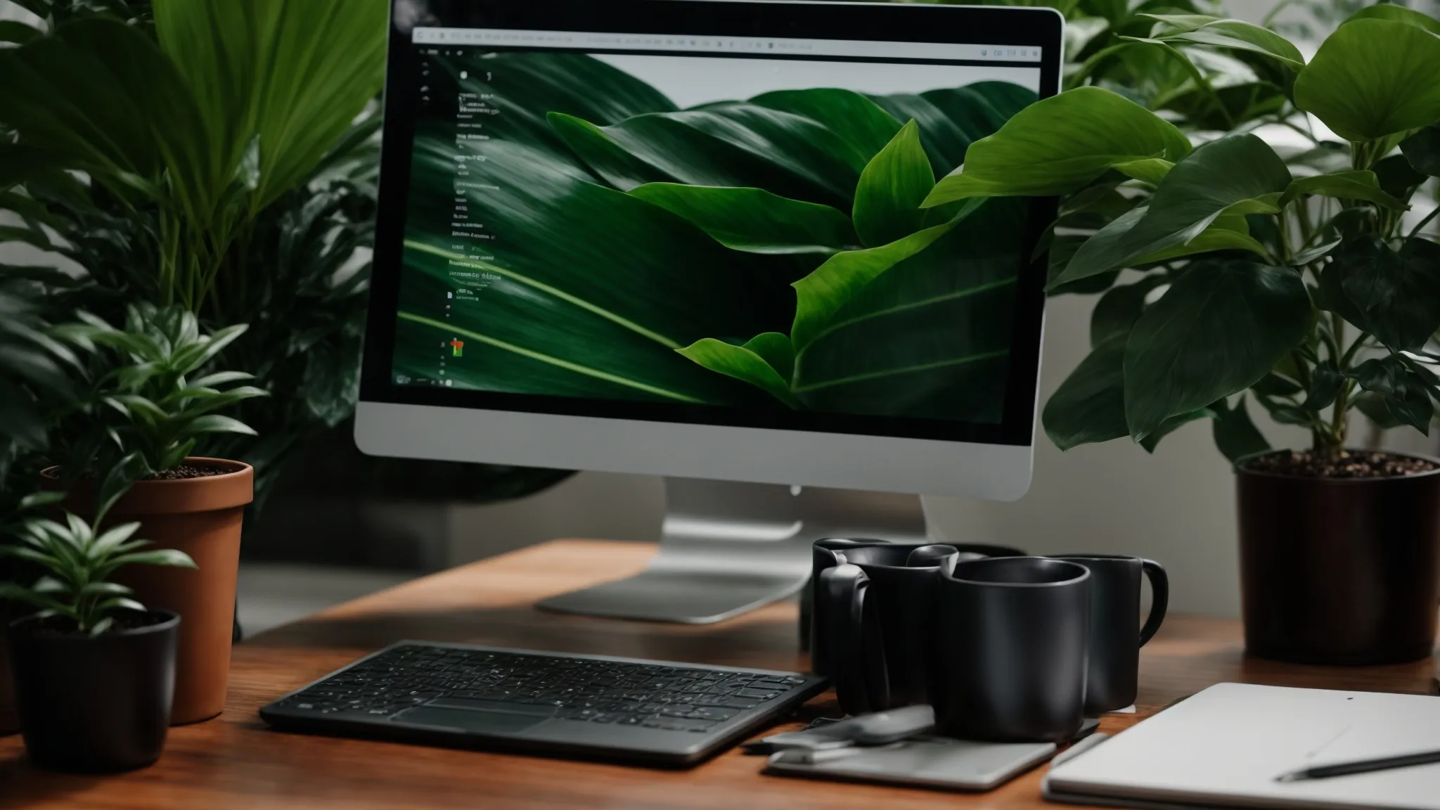 a laptop, coffee mug, and notepad on a workspace with a green plant in the background.