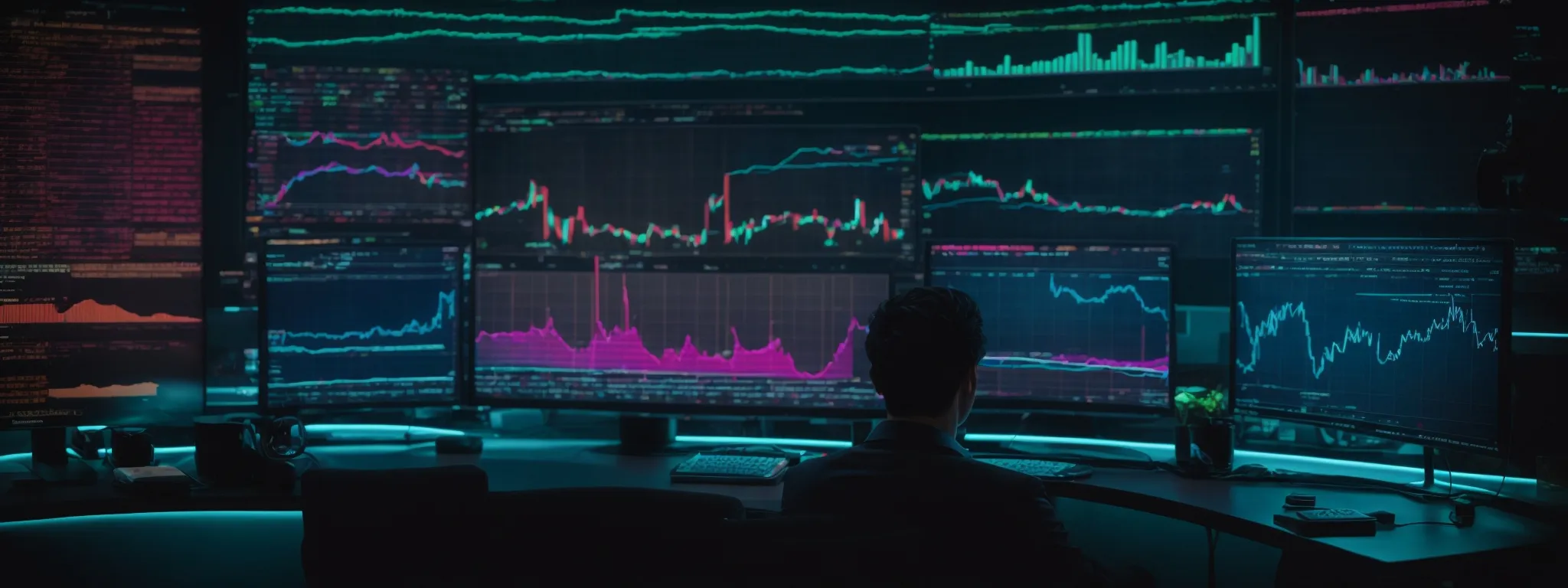 a person sits before a large monitor displaying colorful analytics, deeply focused on researching market trends.