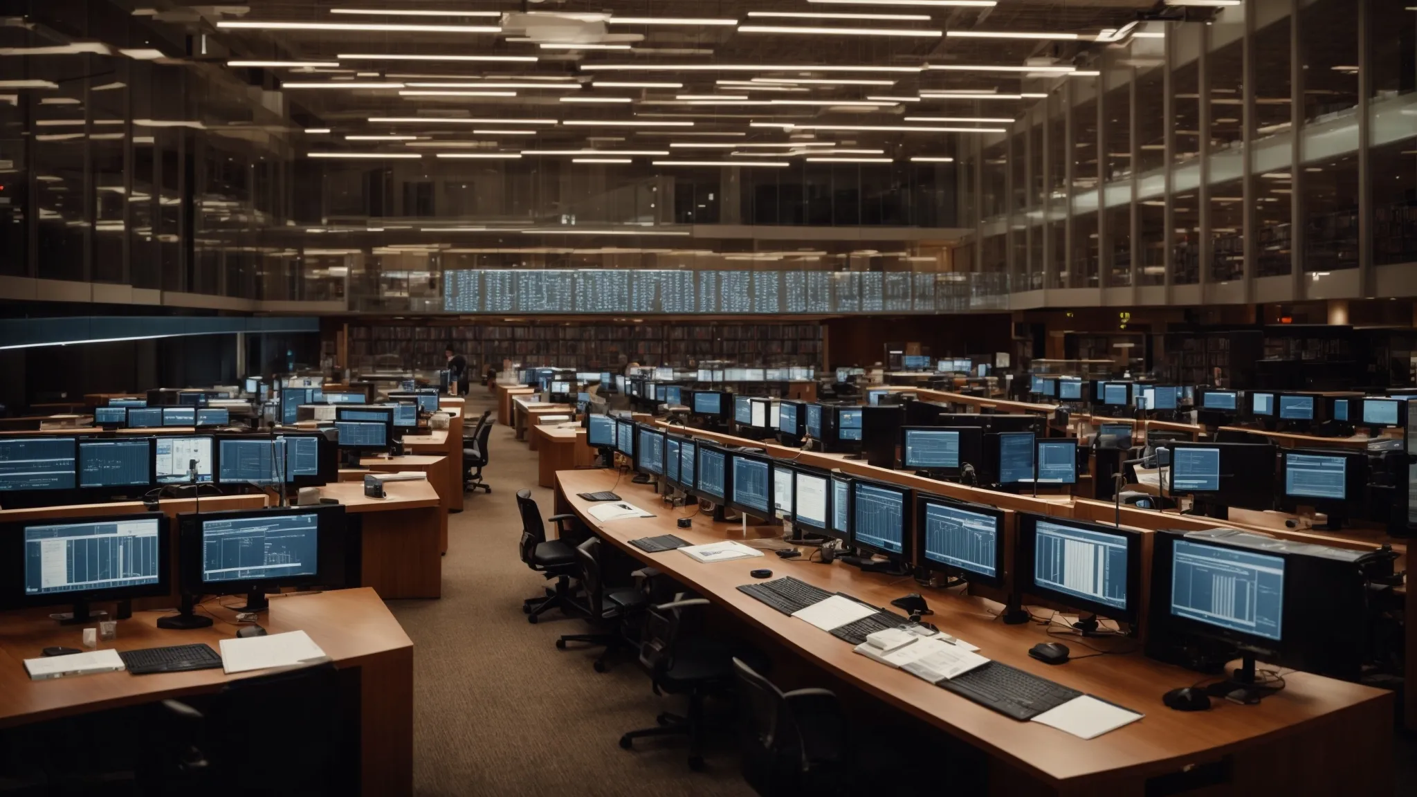 a library with rows of computers displaying graphs and charts on the screens.