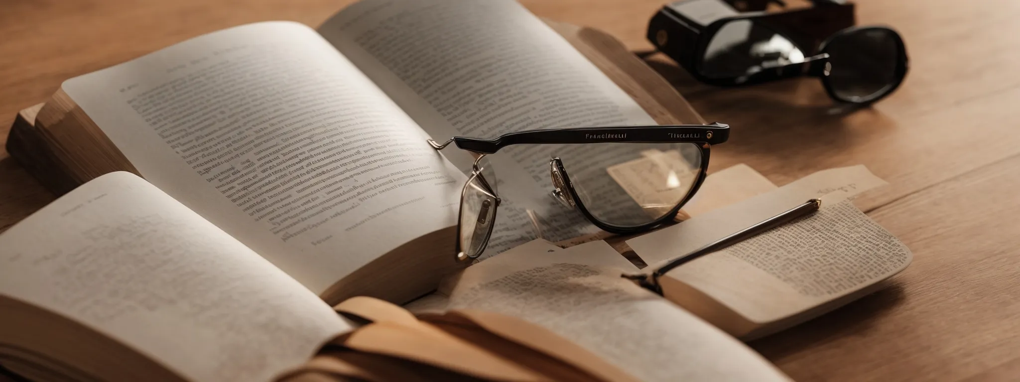 a book open on a wooden desk with a pair of glasses resting on top, symbolizing the research and study involved in crafting seo-optimized content.