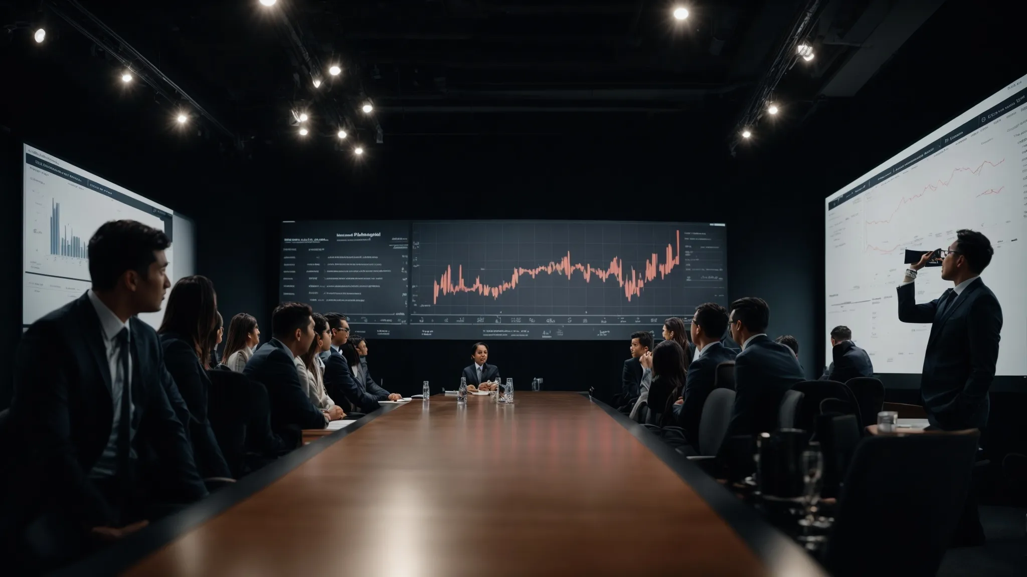 a professional meeting where a presentation on a screen shows growth charts and analytics data.