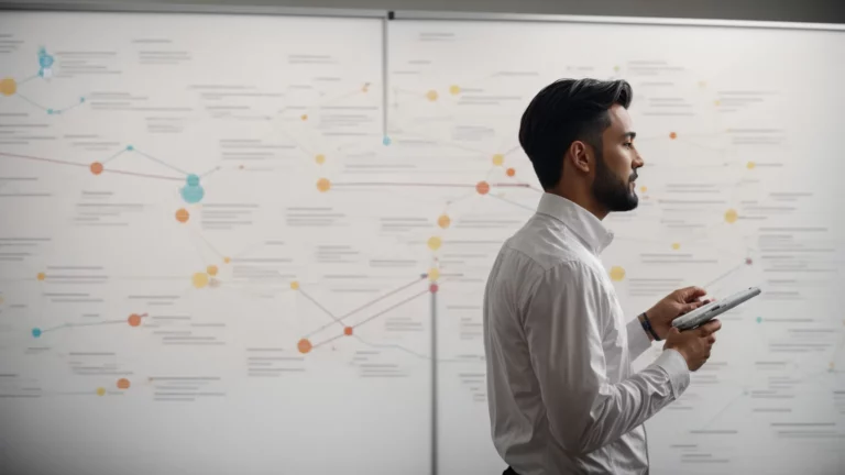 a marketer discussing a visual graph of interconnected topics representing entity relationships on a whiteboard.