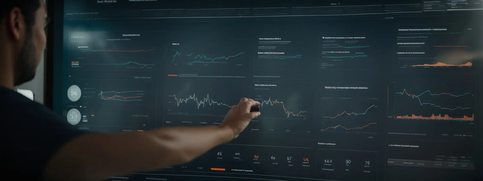 a marketer adjusts a digital marketing dashboard on a large interactive screen, showcasing various customer segments and conversion metrics.