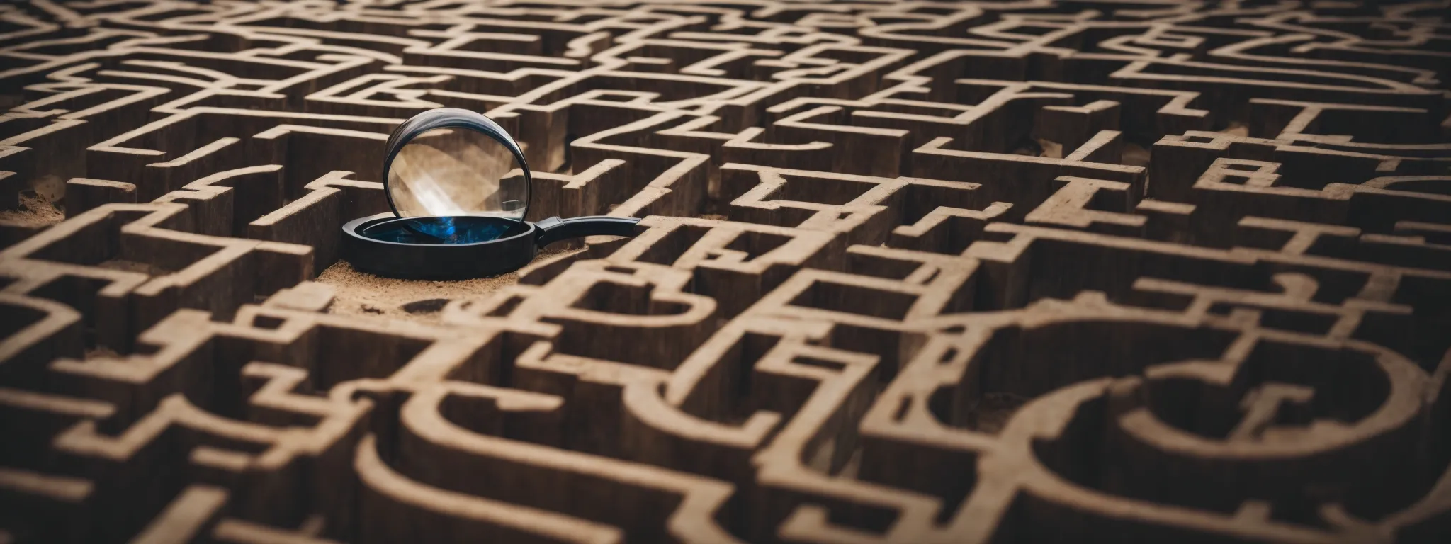 a magnifying glass hovering over a maze, symbolizing the discovery of hidden paths and solutions.