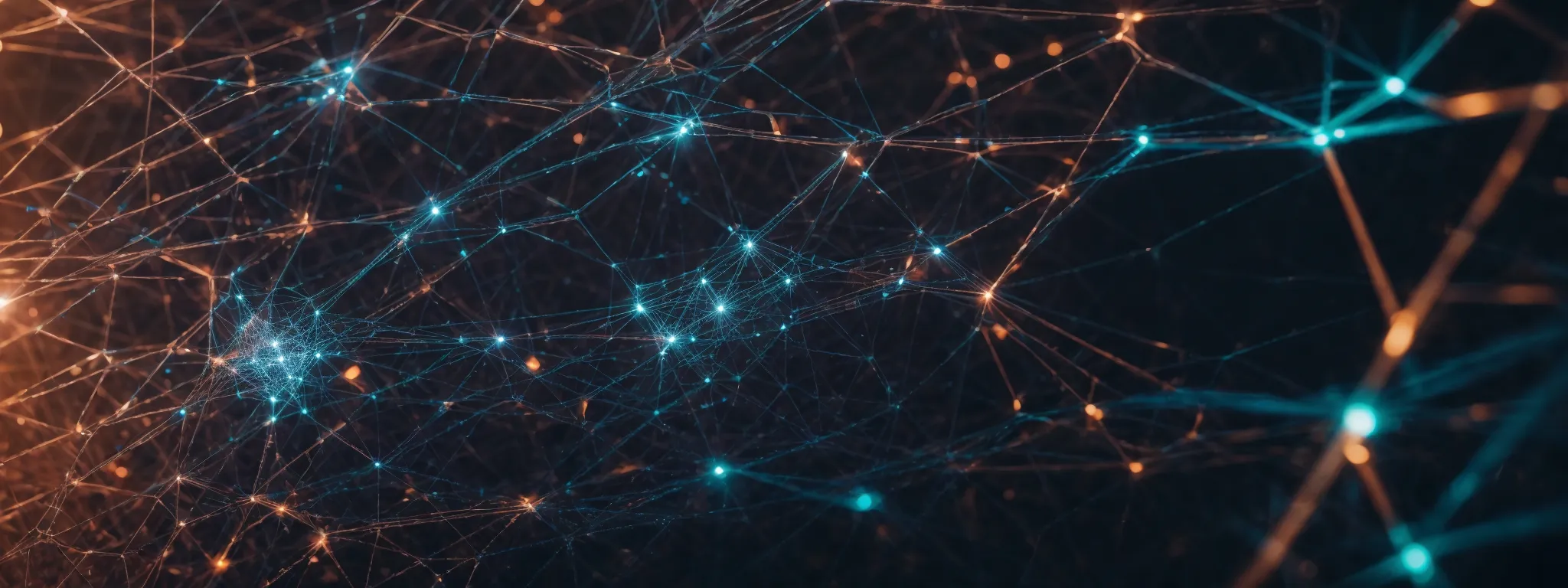 a web of interconnected nodes glowing against a digital landscape, symbolizing a network of backlinks.