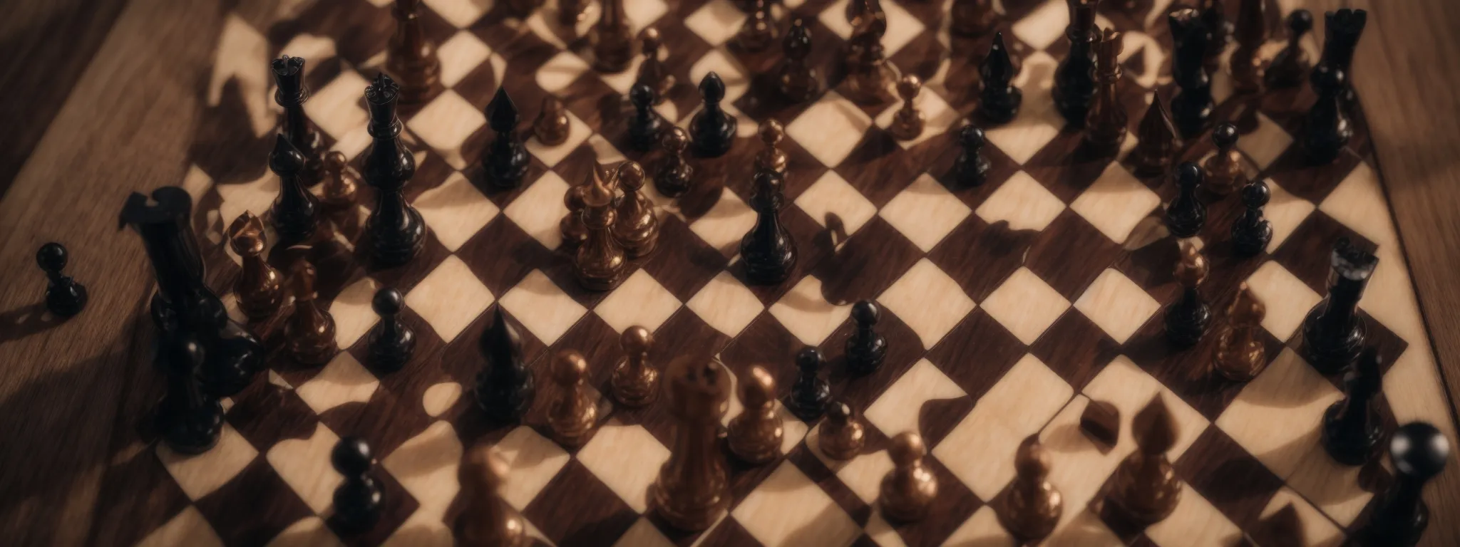 a chessboard from above with one player's pieces strategically positioned, signifying dominance and foresight.