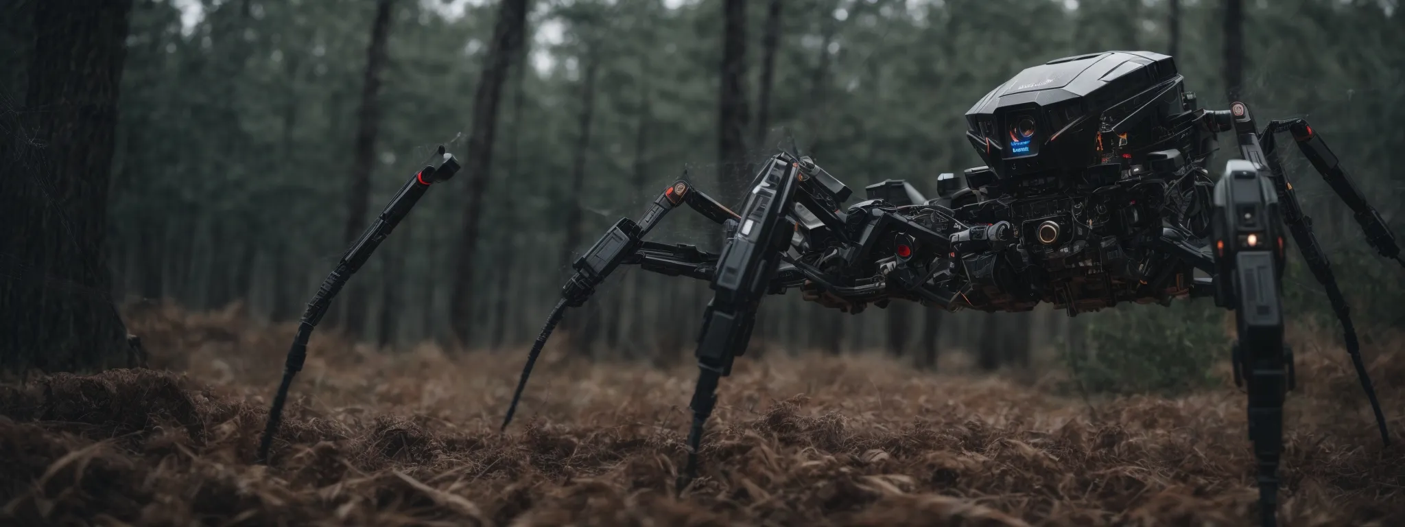 a spider robot navigating a web-covered digital terrain.