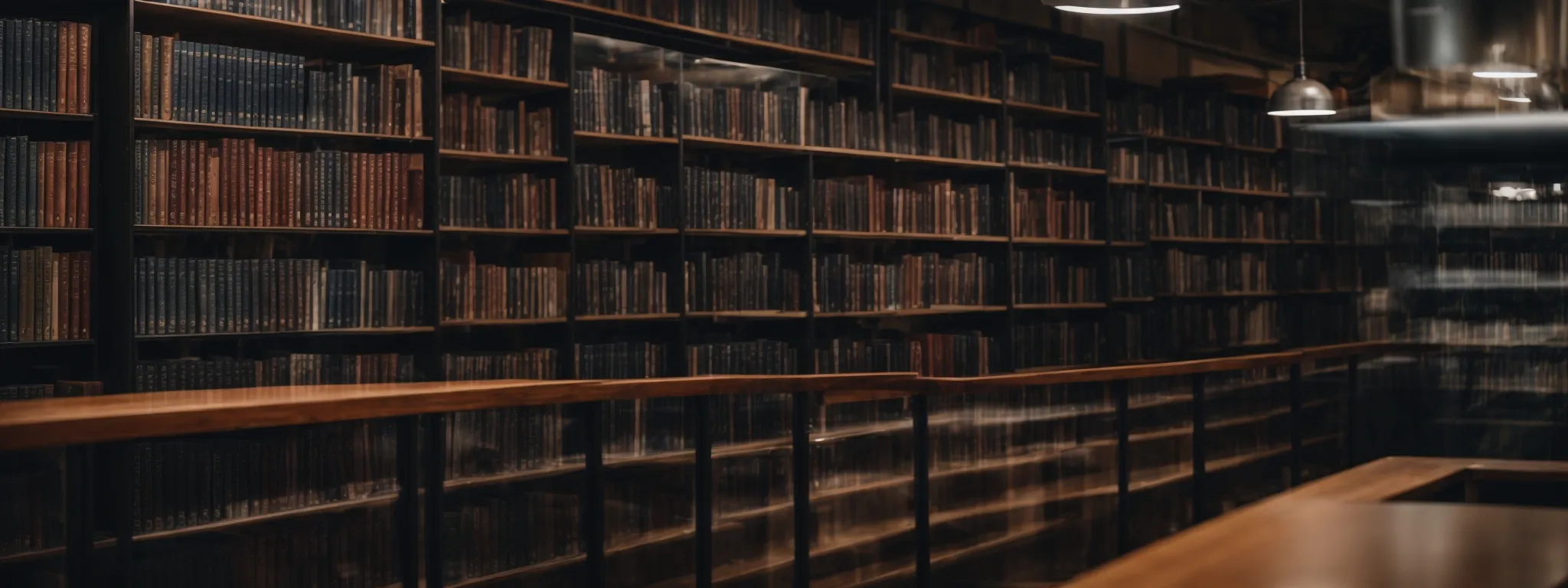 a library with a row of books on seo and digital marketing.