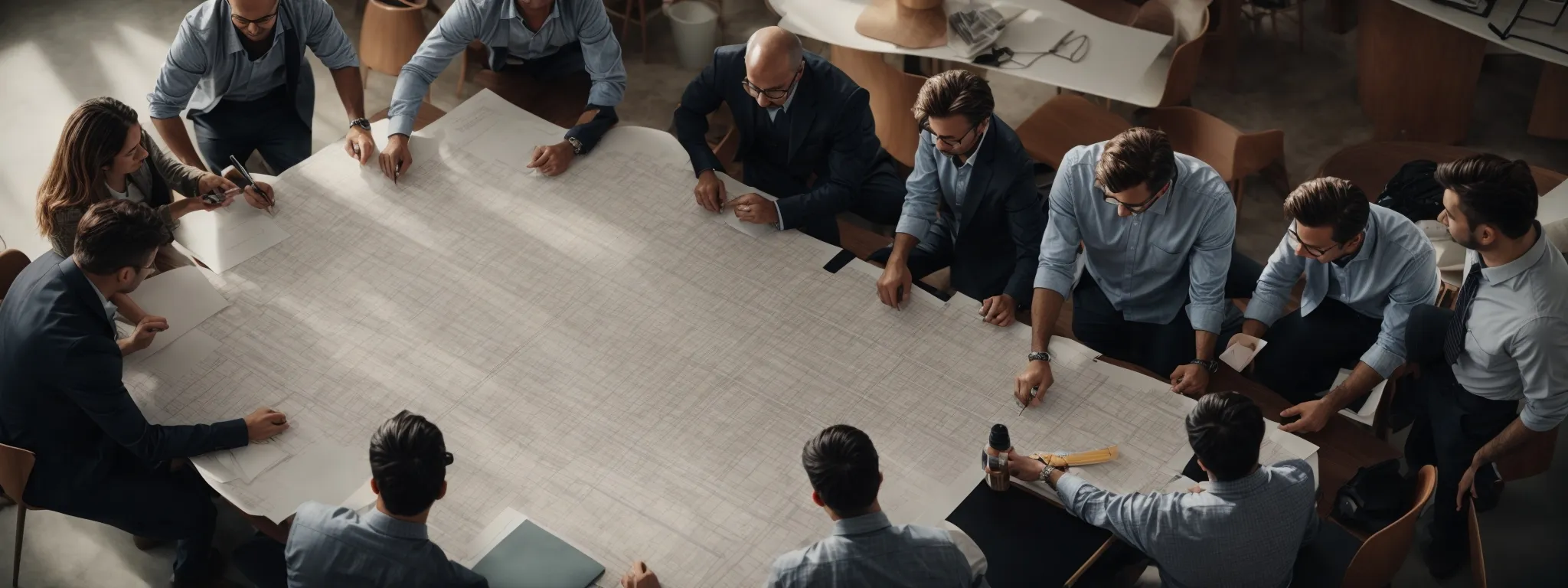a group of professionals gathered around a large table, collaboratively working on a complex architectural blueprint.
