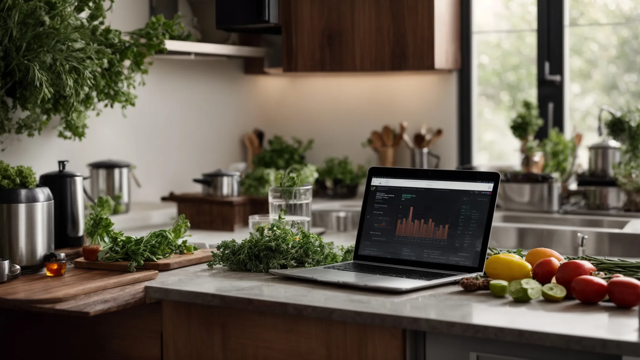 a laptop with an open analytics dashboard sits on a kitchen counter beside a collection of fresh herbs and spices.