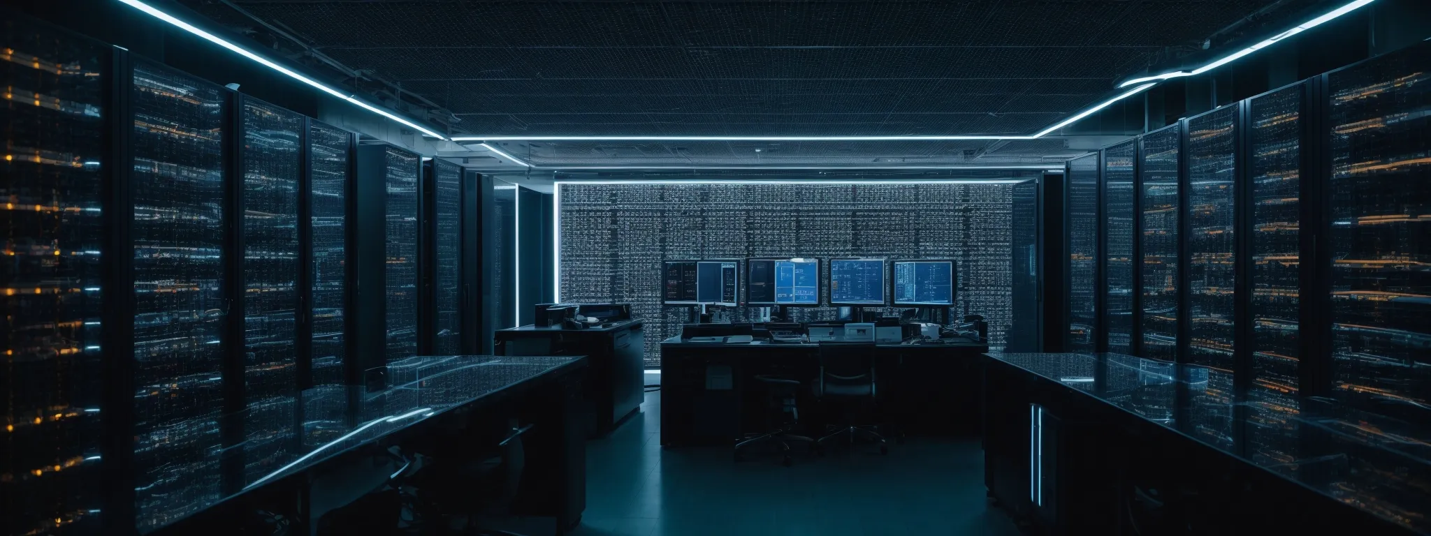 a wide shot of a light-filled, modern server room with rows of high-end computers interfacing with a global network to symbolize the digital process of search engine rendering.