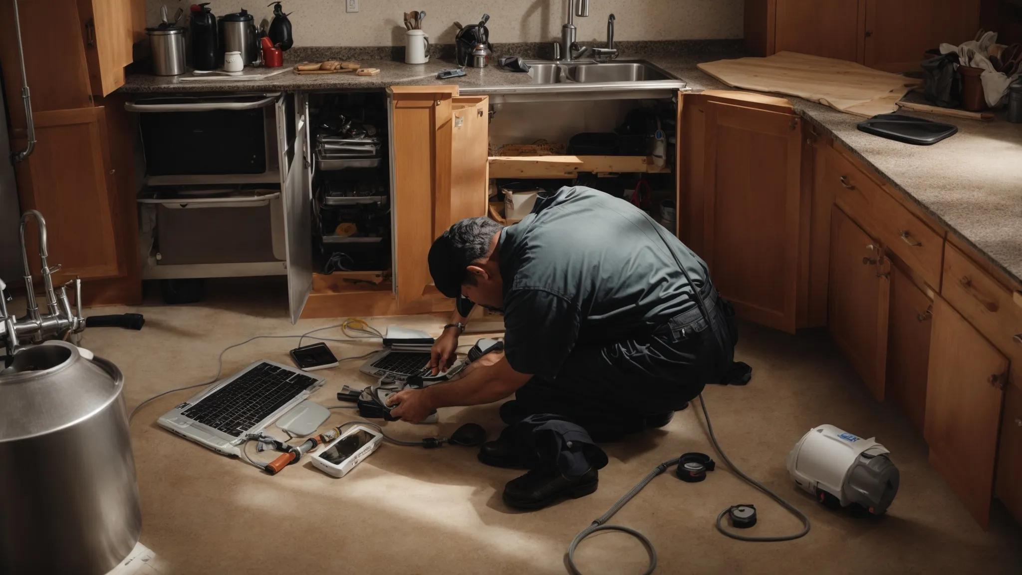 a plumber adjusting pipes beneath a kitchen sink with a laptop displaying graphs and data on the floor next to him.