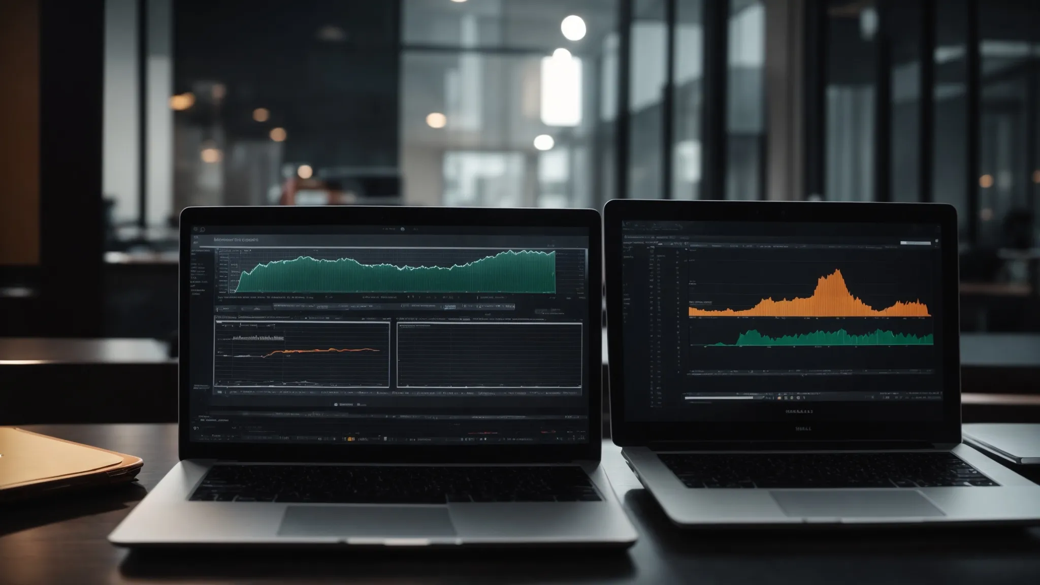 two laptops face each other on a desk with visible graphs on the screen as two people intensely focus on optimizing their websites.