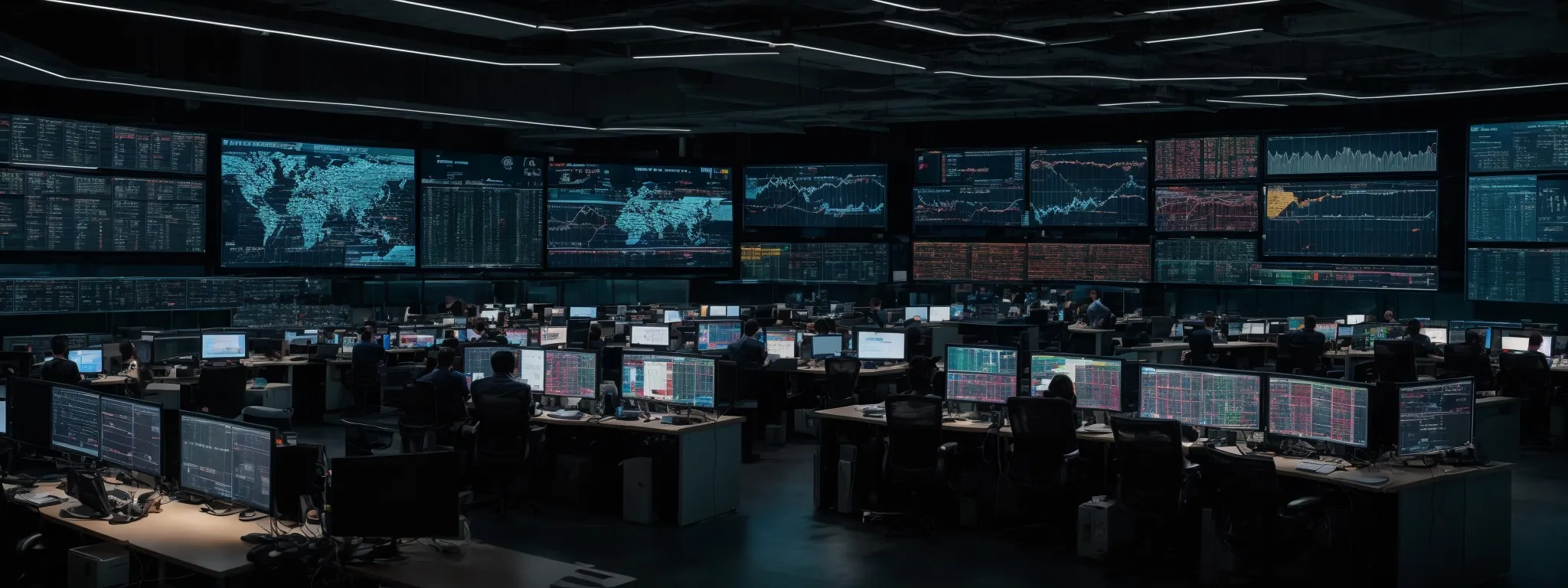 a network operations center with large screens displaying global data traffic patterns and server status reports.