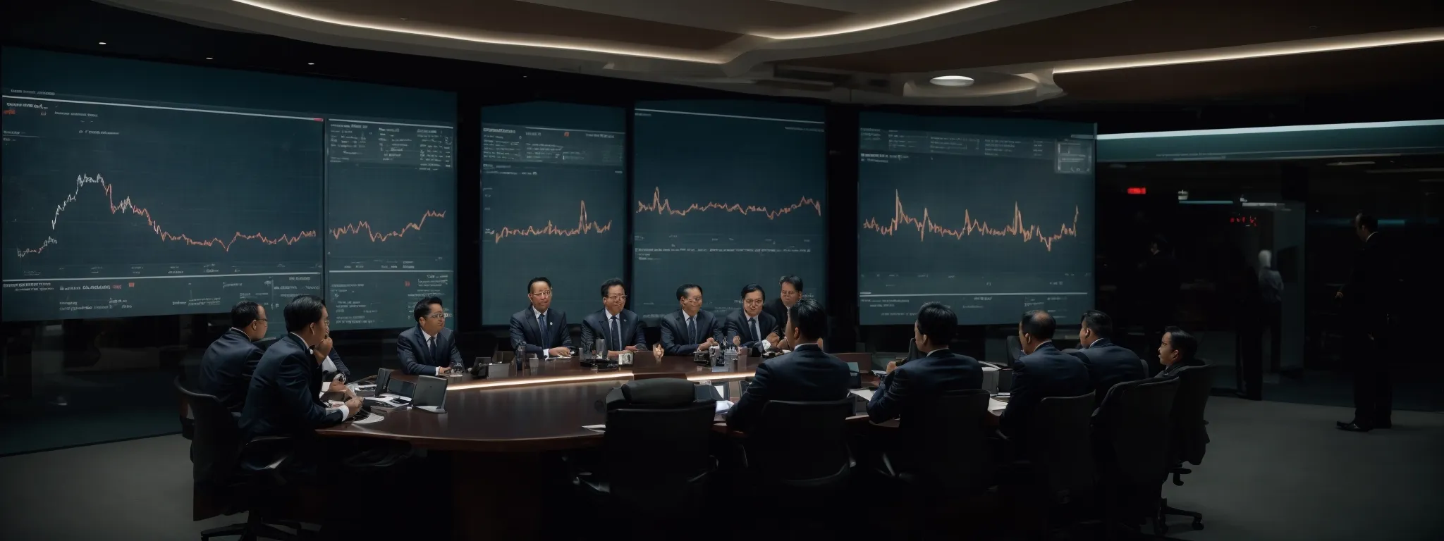 a strategic business meeting with charts reflecting market trends displayed on a large monitor.