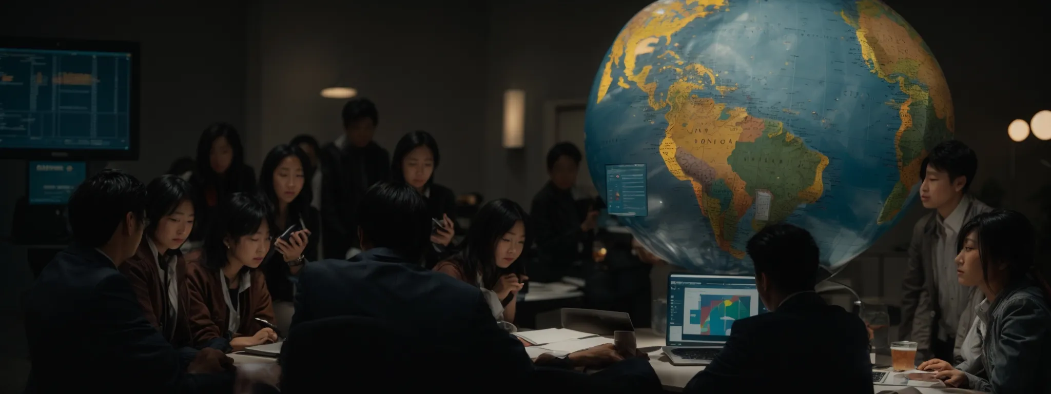 a diverse group of professionals gathers around a large, illuminated globe, discussing strategies with a laptop displaying analytics on the screen.