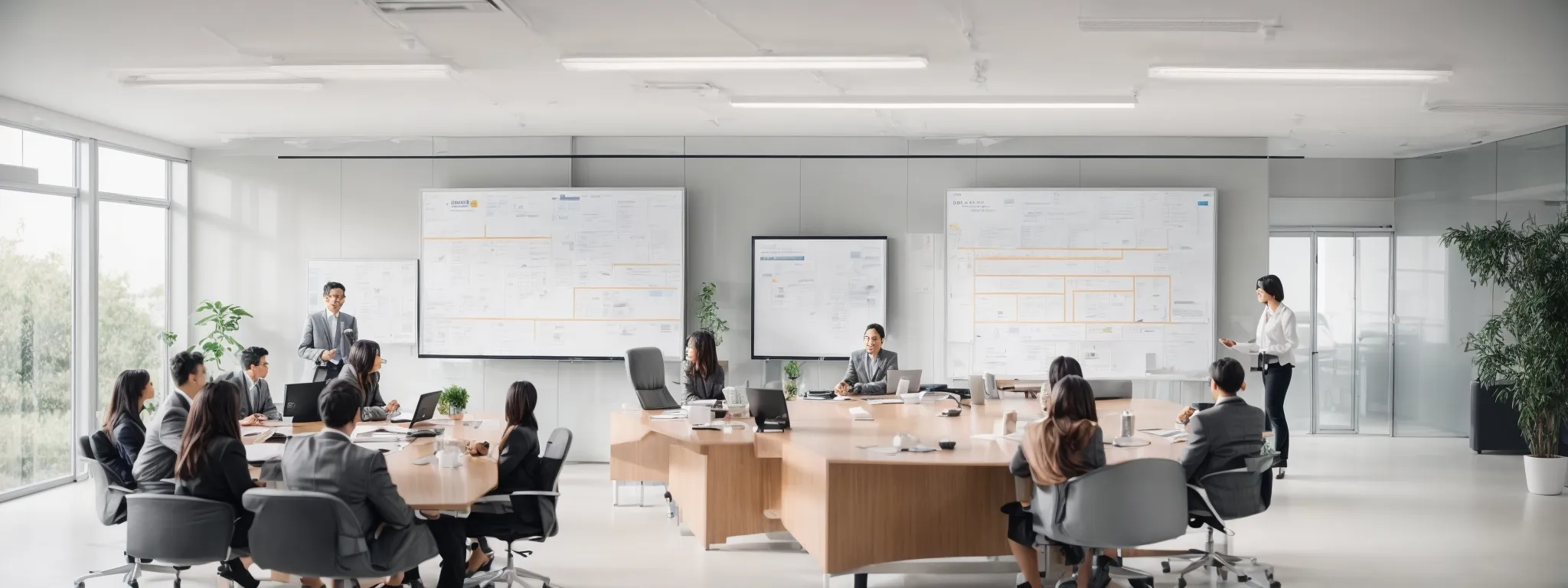 a strategic meeting with a large, clear whiteboard displaying a web structure diagram in a bright, modern office.