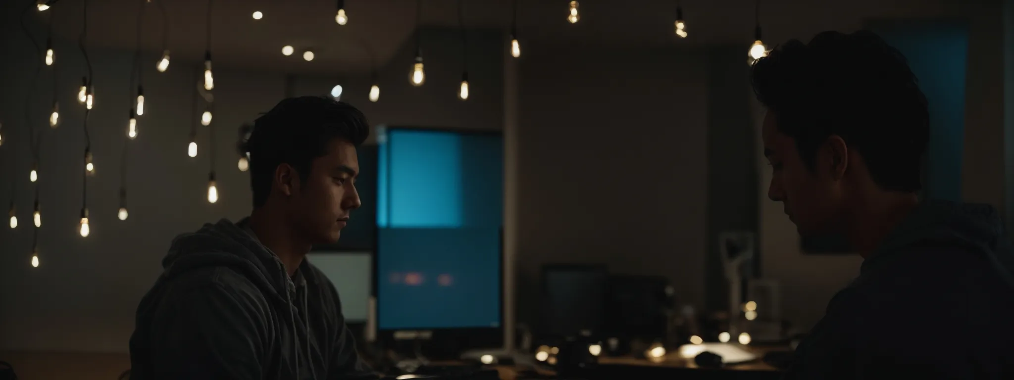 a content creator thoughtfully gazes at a computer screen, surrounded by the glow of ideas symbolized by a light bulb.