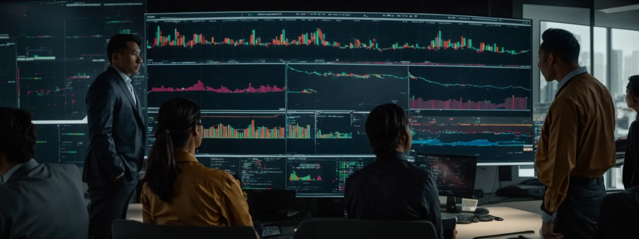 a group of professionals gathers around a large monitor displaying colorful graphs and data analytics.