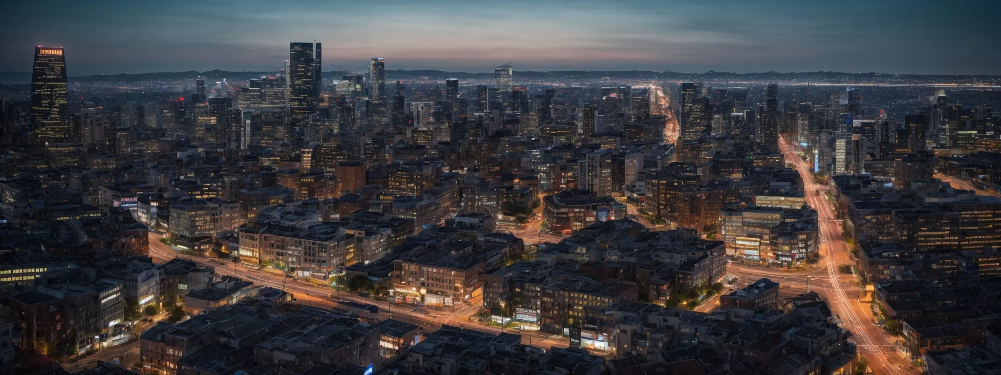 a panoramic view of a bustling business district illuminated at twilight, symbolizing the growth potential through seo investment.
