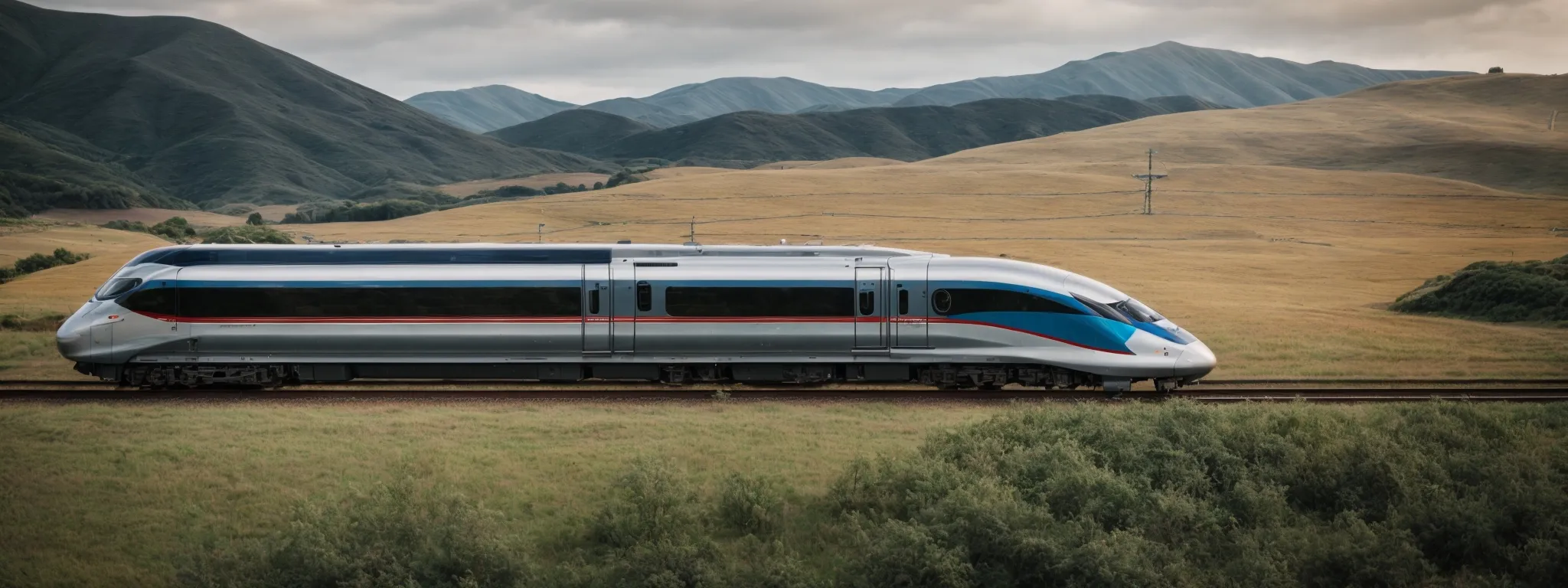a streamlined bullet train slicing through the landscape, emblematic of speed and efficiency.