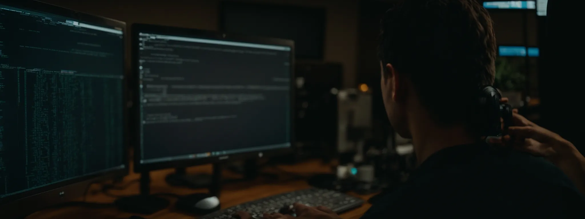 a web developer scrutinizes code on a computer screen while optimizing a website.