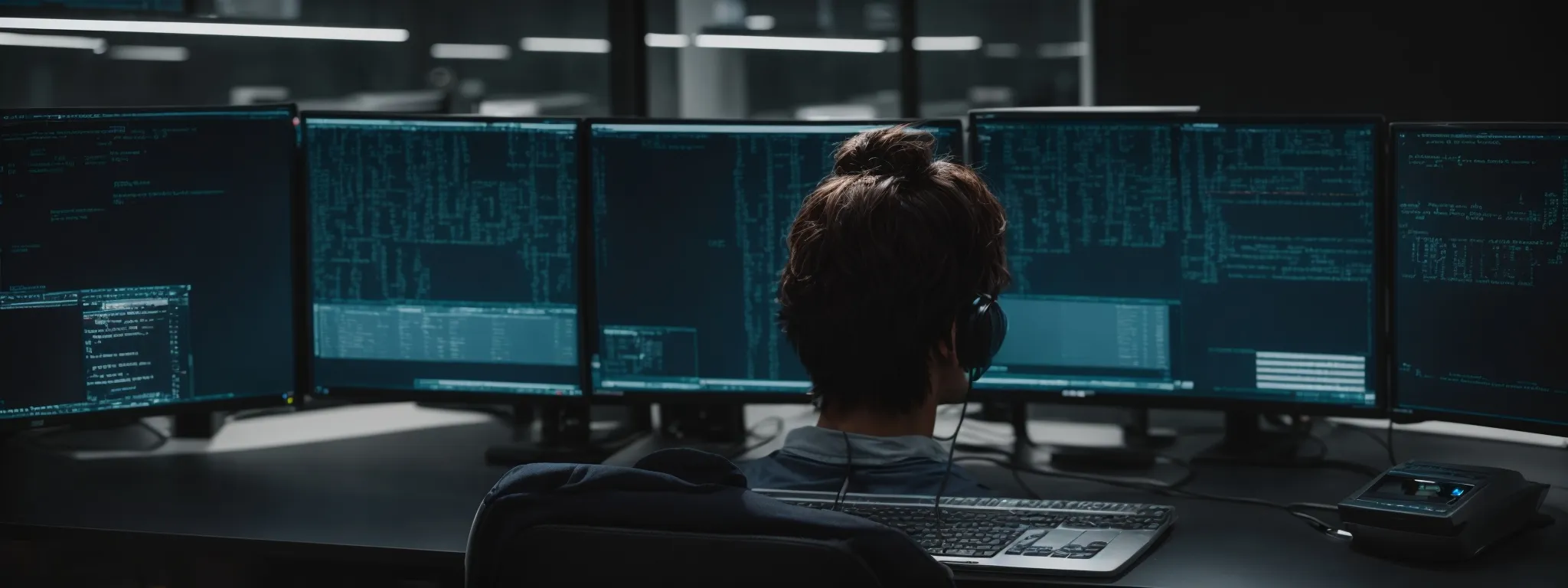 a web designer sits before multiple monitors displaying code and a secure padlock symbol, highlighting the importance of website security and accessibility in seo.
