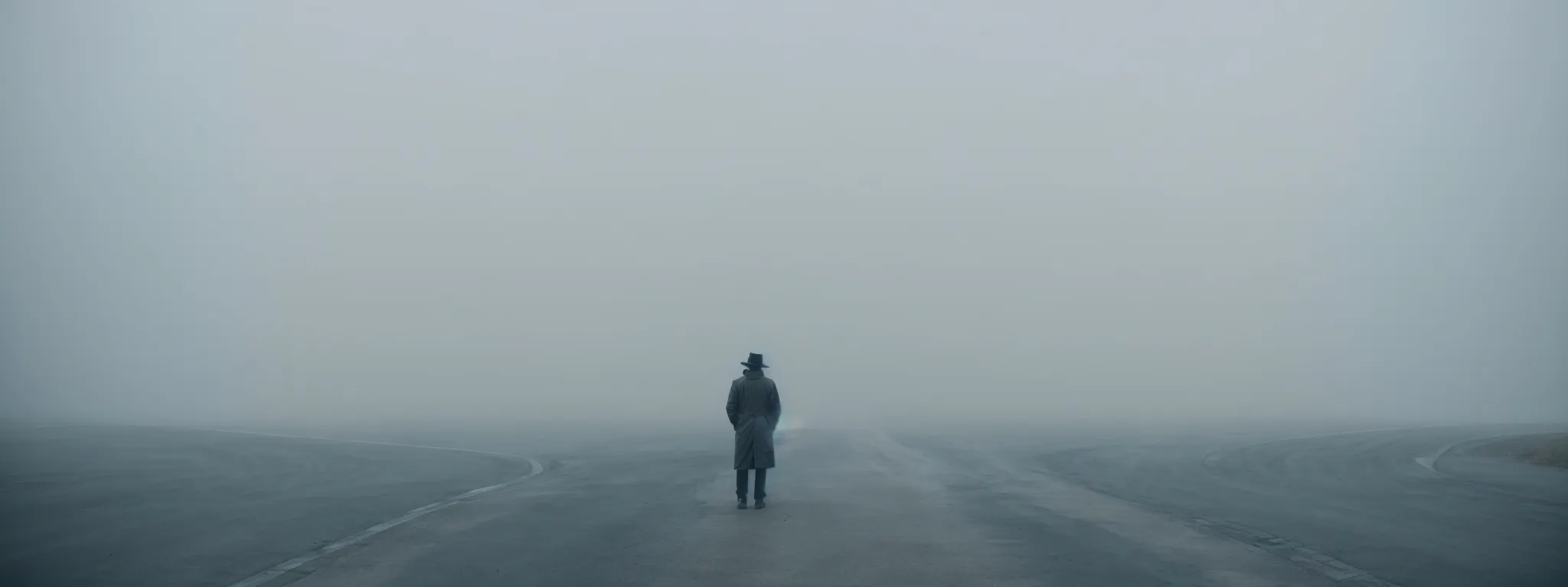 a person standing at the crossroads of two diverging paths shrouded in fog, symbolizing the ethical dilemma of gray hat seo.
