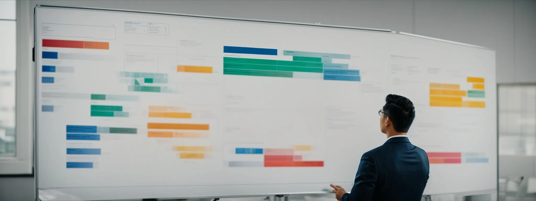 a marketer contemplates a large, color-coded funnel chart on a whiteboard illustrating different stages of customer engagement.