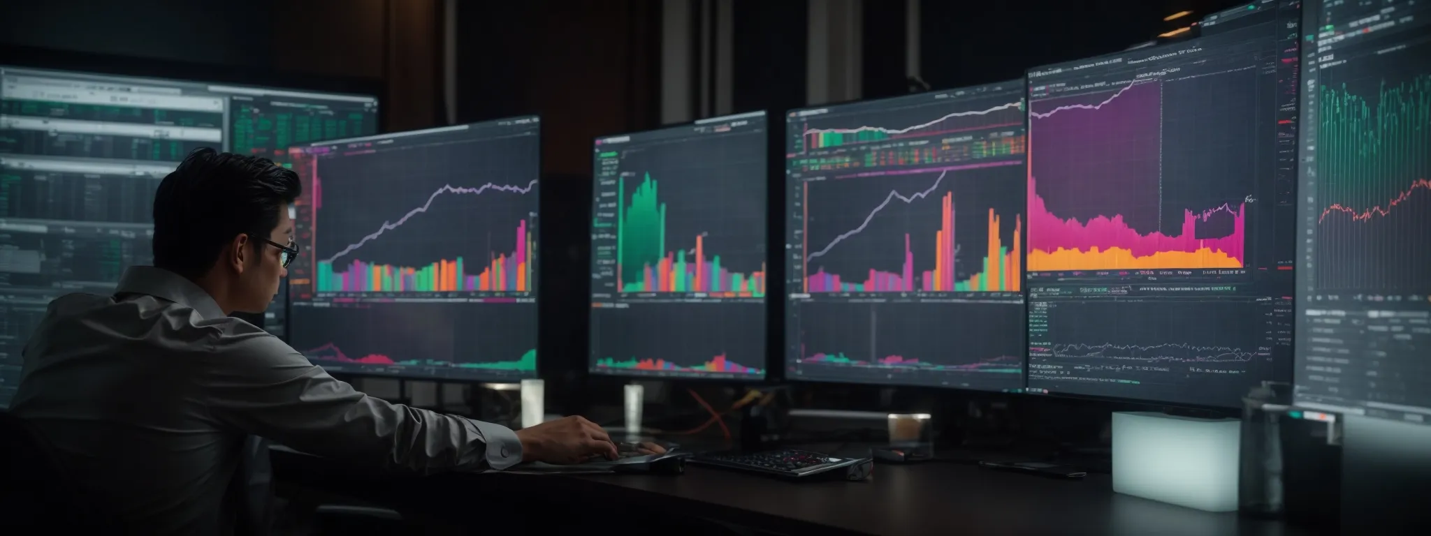 a focused individual analyzes colorful graphs and charts on a computer screen representing seo performance metrics.