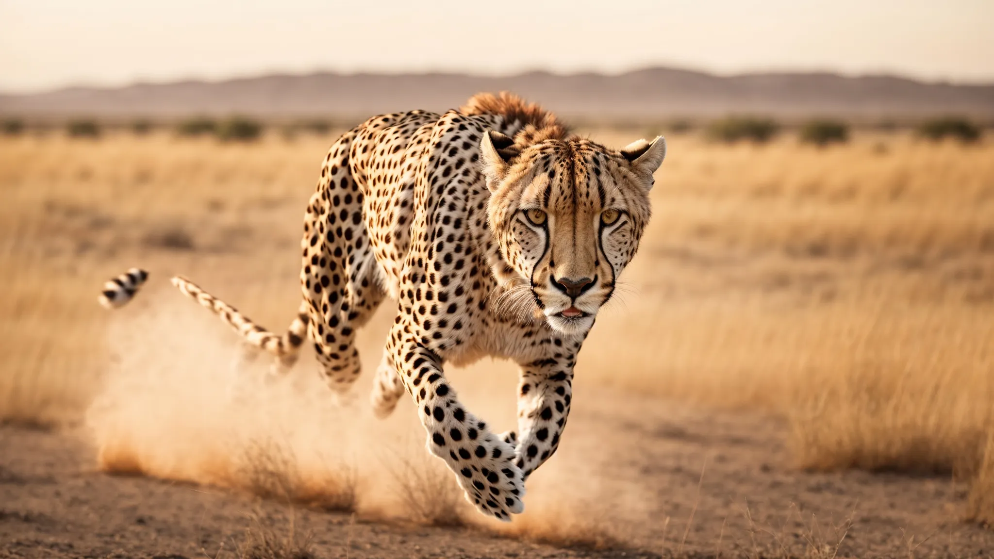 a cheetah in full sprint across an open savannah, embodying speed and power.