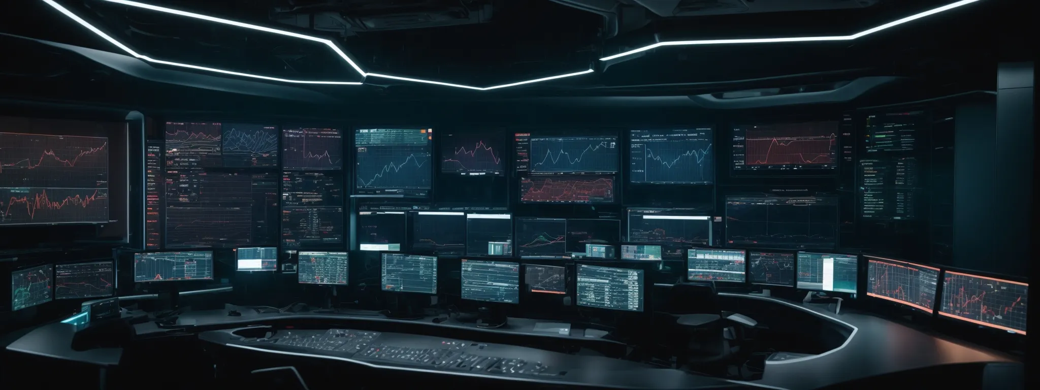 a futuristic control room with screens displaying data analytics and web graphs.