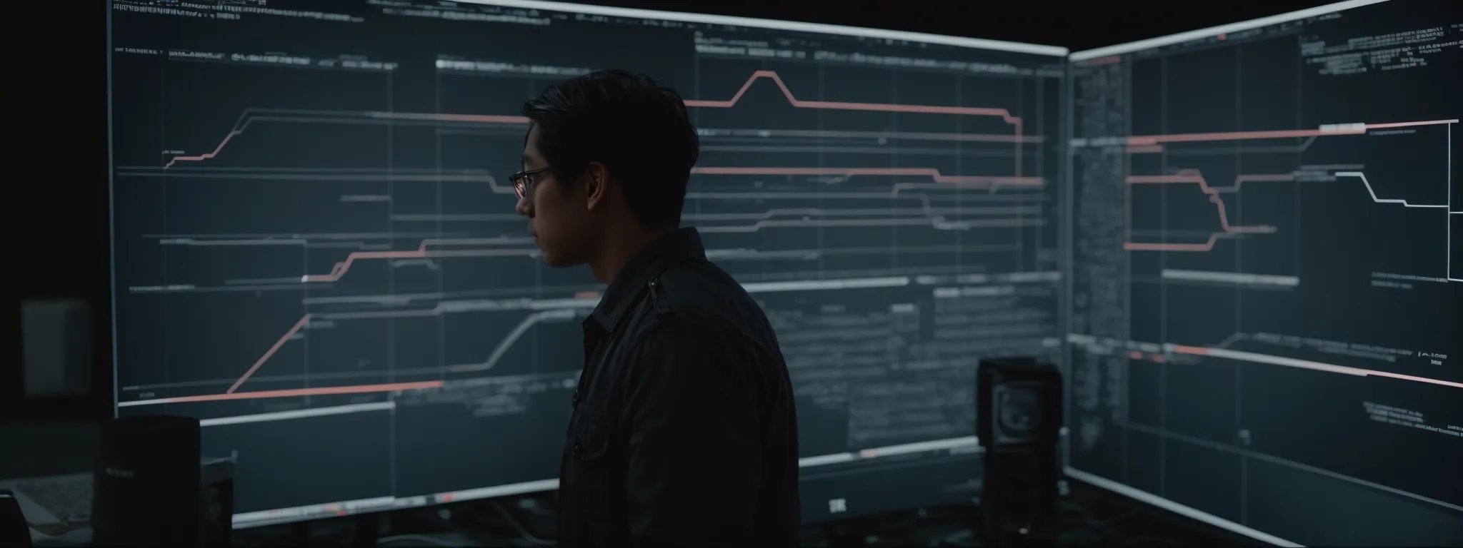 a focused individual gazes at a large monitor displaying a complex flowchart, symbolizing the resolution of redirect loops.