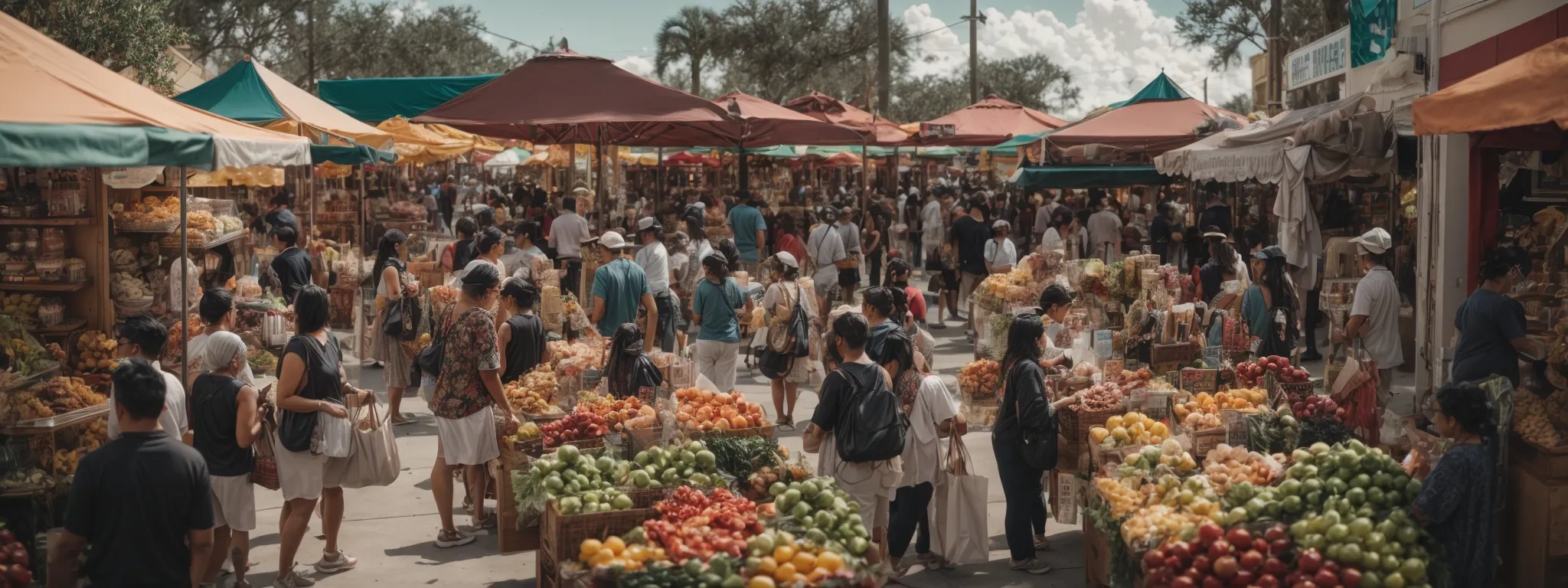 a bustling orlando marketplace with diverse vendors and engaged shoppers highlights local commerce and community.