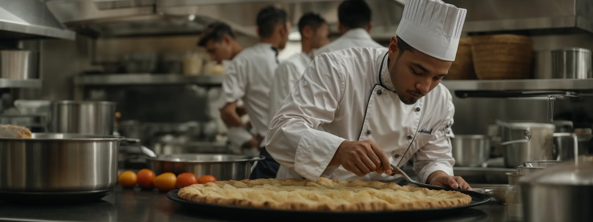 a chef examines a glossy pie chart resembling a sliced dish while adjusting ingredients in a bustling kitchen.