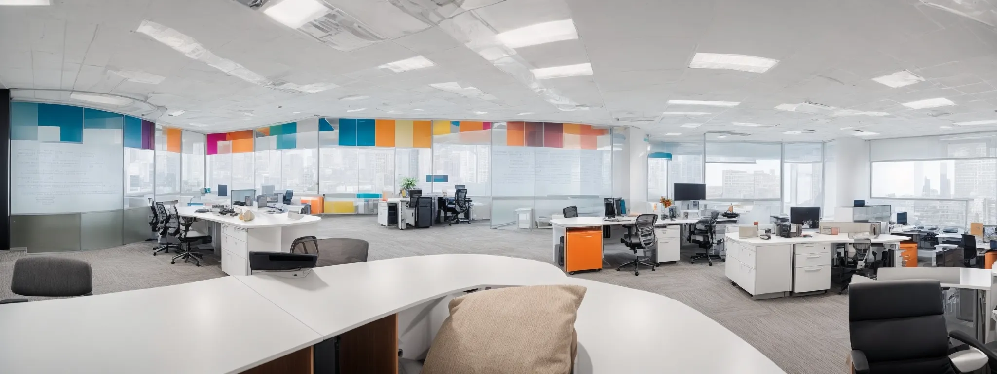 a panoramic view of a modern office with expansive whiteboards filled with seo strategies and colorful graphs reflecting data analysis.