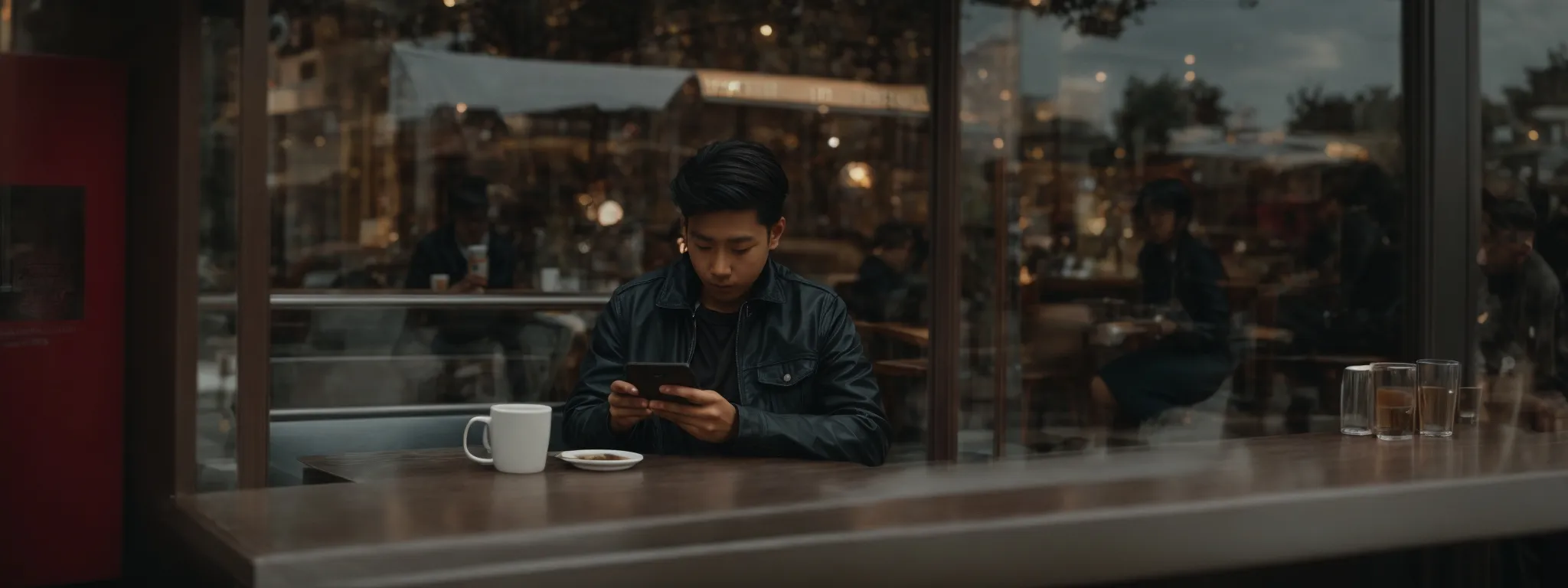 a person casually browsing on a smartphone while sitting at a cafe.