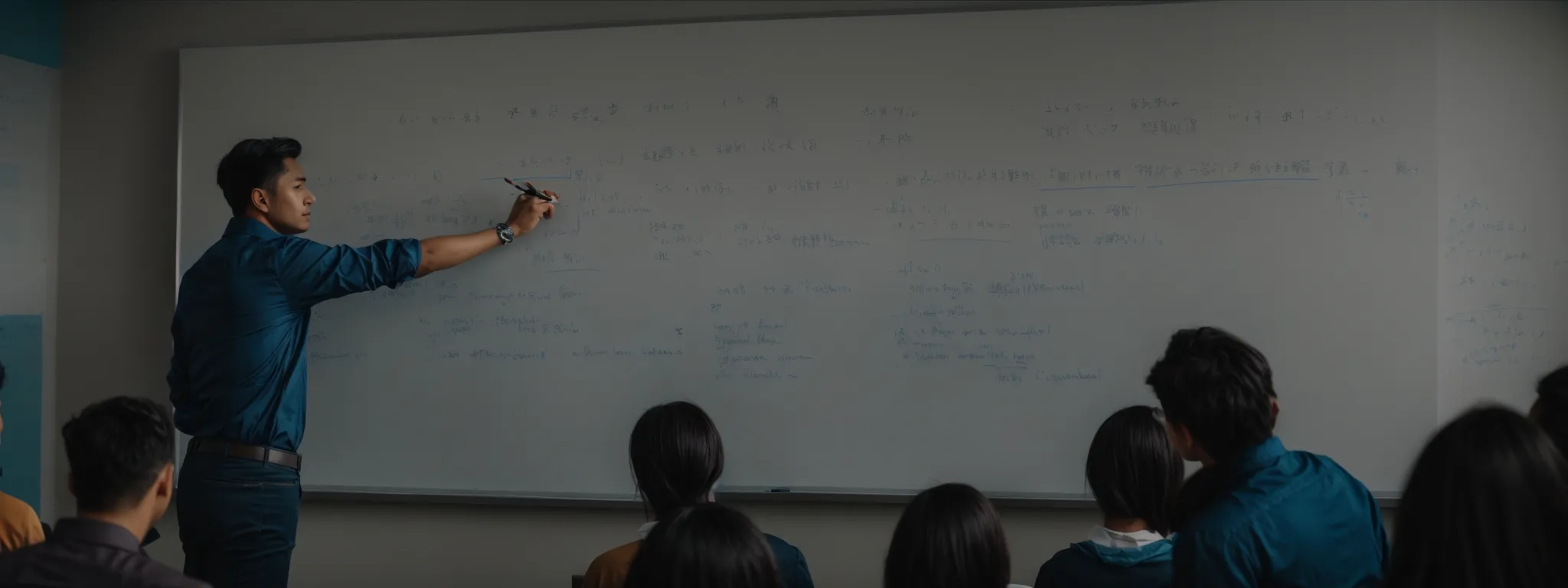 a scholar explaining seo concepts on a whiteboard to a group of attentive students.
