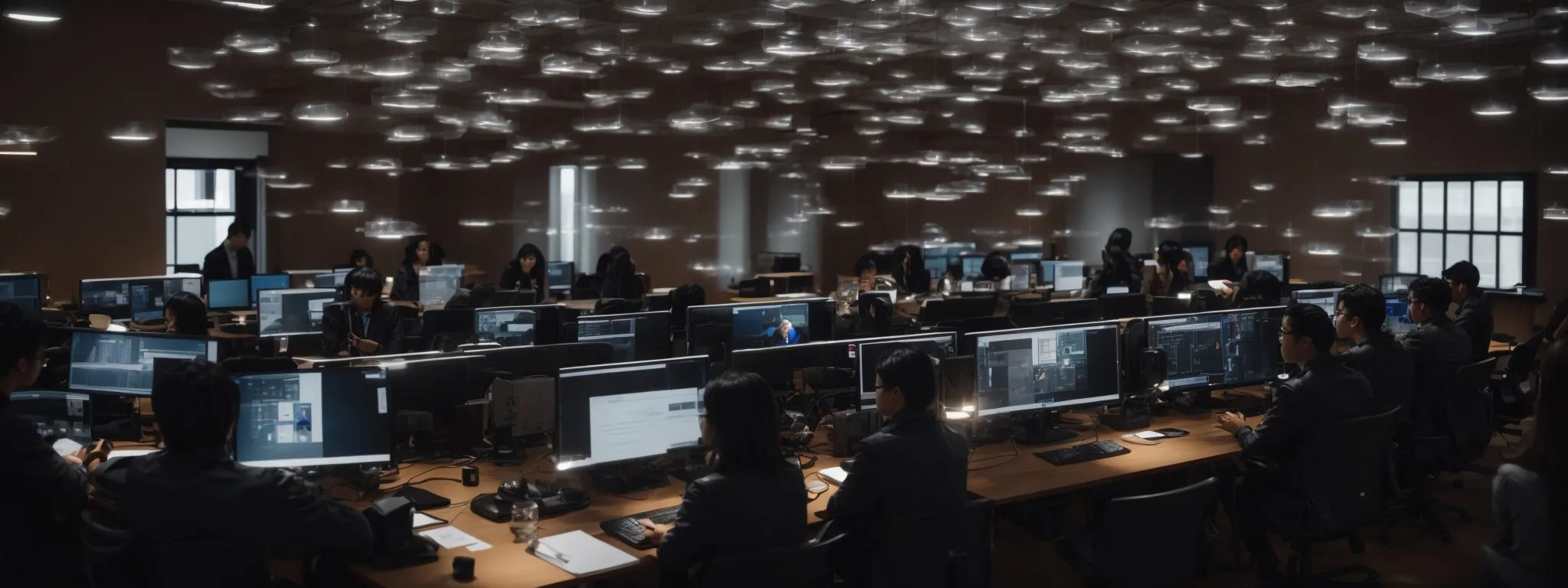 a diverse team engaging in a collaborative session with multiple laptops, symbolically connected through translucent cloud icons hovering above them.